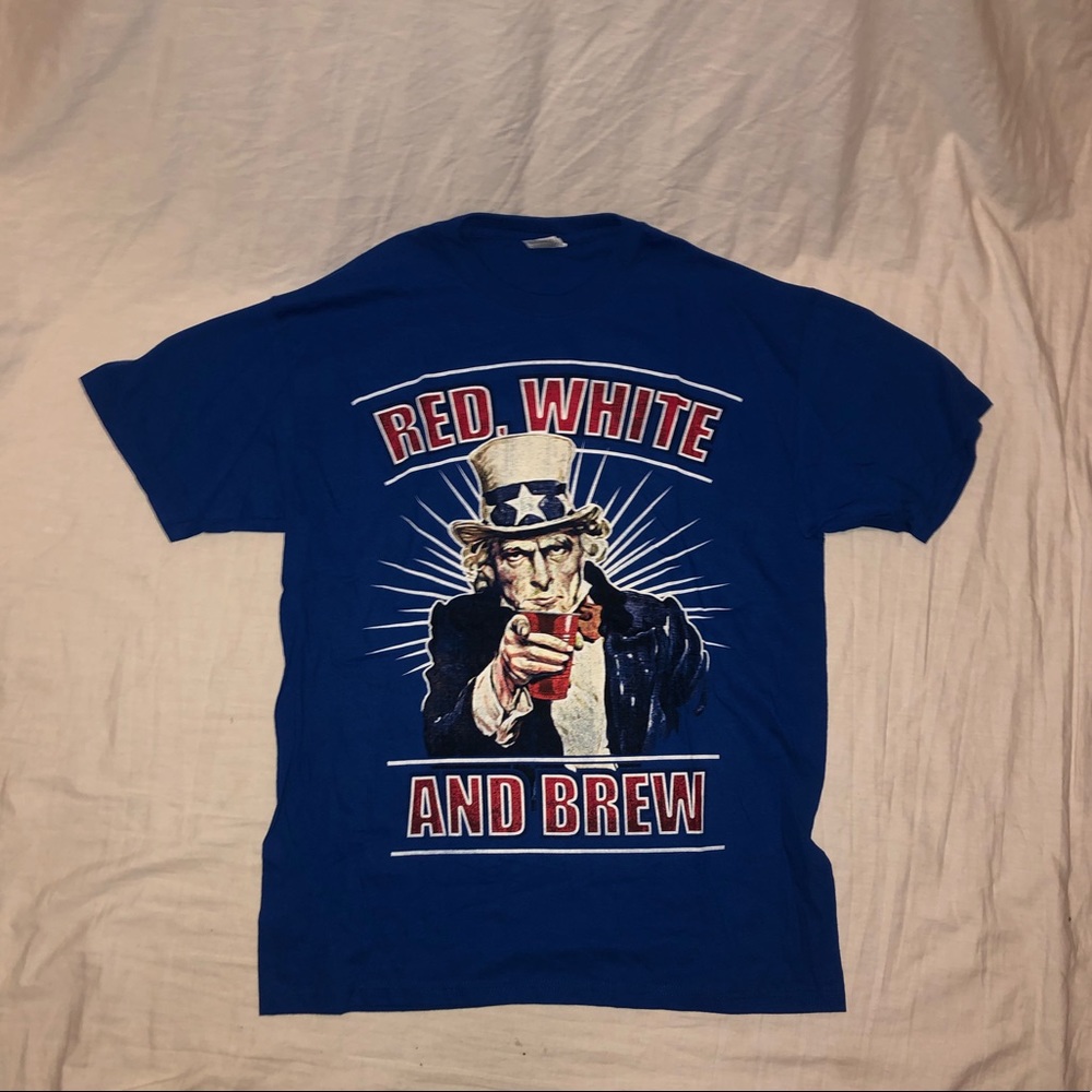 Men’s USA Patriotic Drinking Graphic Short Sleeve T-Shirt Size Large Blue
